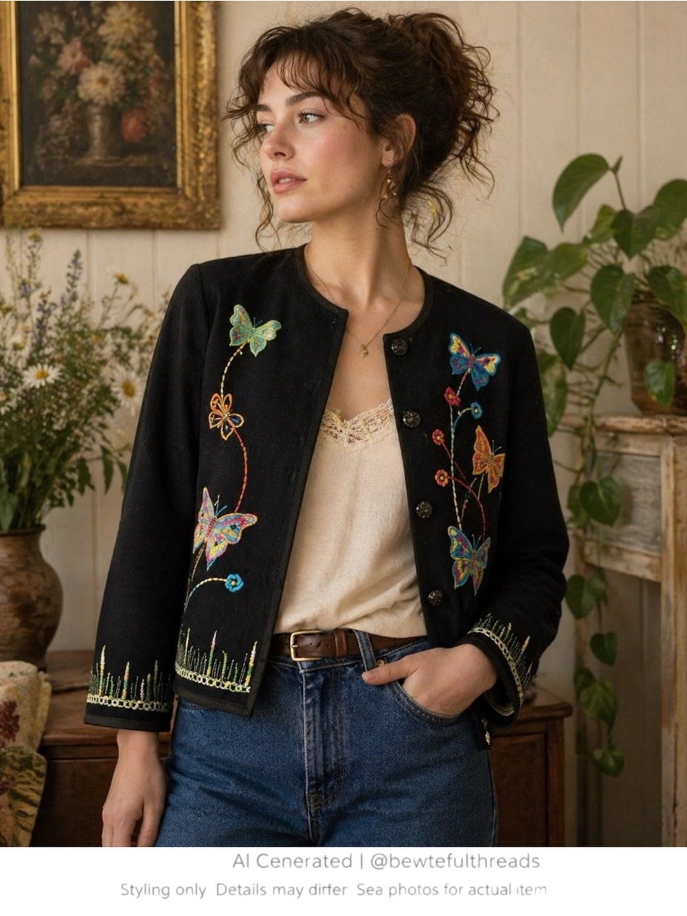 Vintage Butterfly Embroidered Cotton Jacket Cottagecore Fairycore M/L